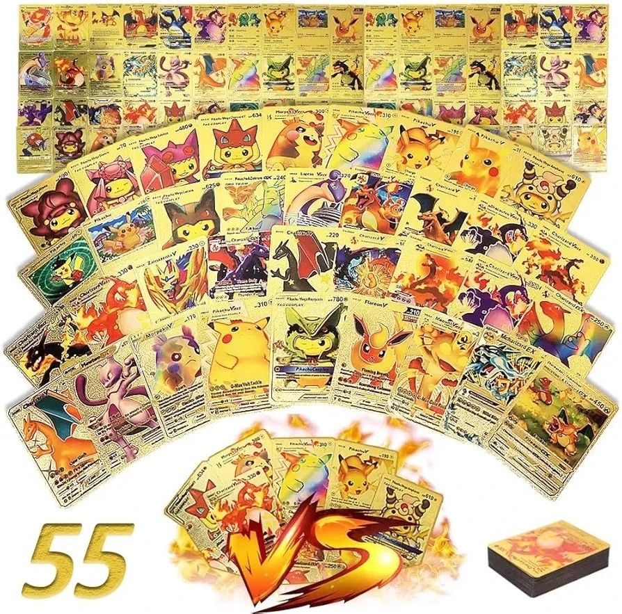 55 PCS Gold Foil Pokémon Style Cards – VMAX, GX, EX Rare Trading Cards Set – No Duplicates – Collectible Battle Deck – Premium Golden TCG Cards for Ki