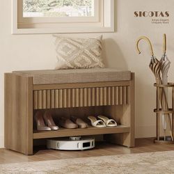 Fluted Shoe Bench with Cushion, Entryway Shoe Storage Bench 300 lb Capacity, Comfortable 19.7" Seat Height, Fits 6 Pairs, Fluted Caramel Oak Design, H