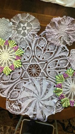 Lot Sale 8 Large Vintage Purple Doilies Hand Crocheted Cotton Doily Hand Dyed 1950s Artwork Junk Journal Slow Stitch