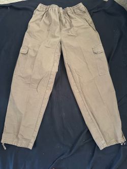 Tan cargo pants with adjustable waist and ankles, size L
