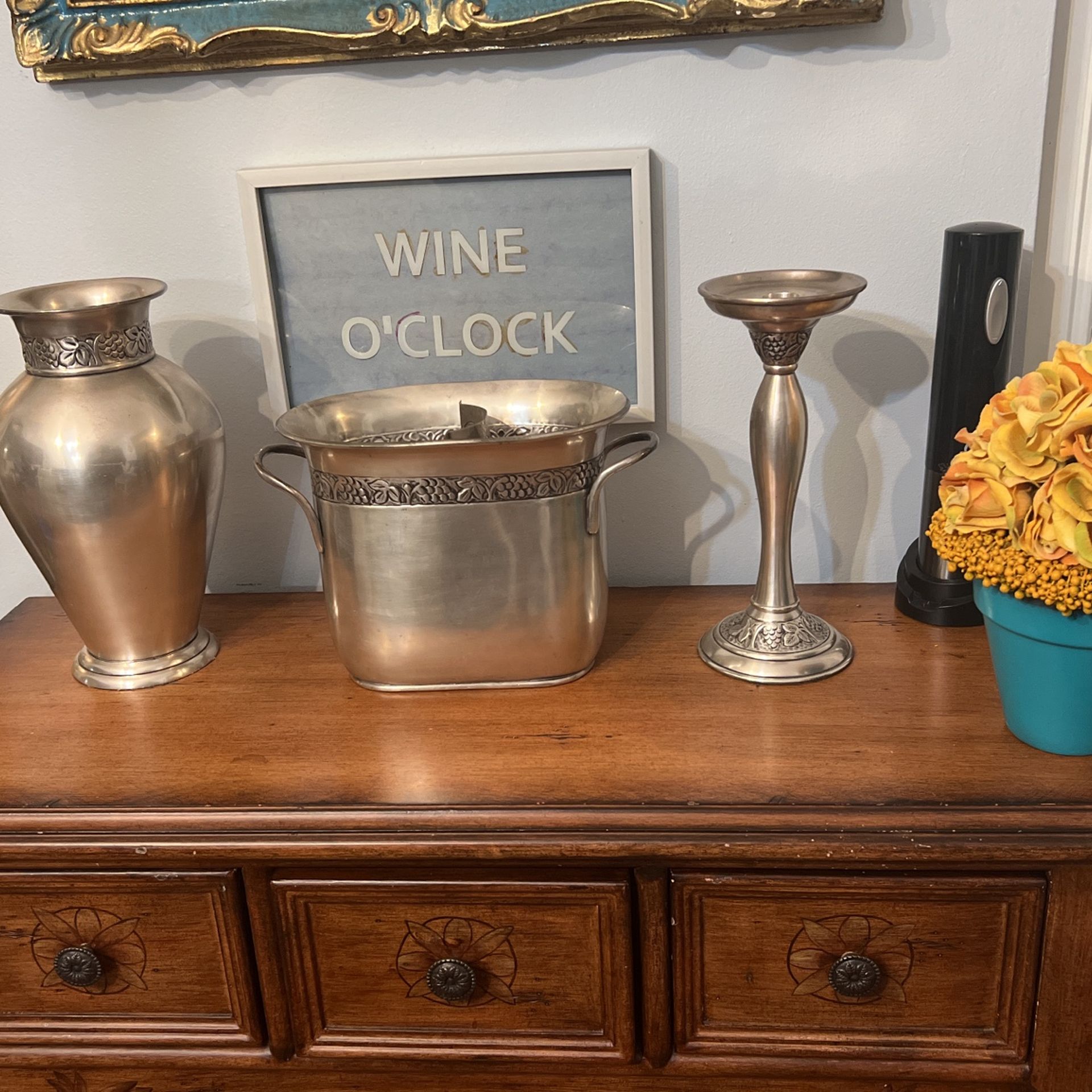 POTTERYBARN  Set : Vase, Wine  Holder/Ice Bucket And Candle Holder  In Pewter