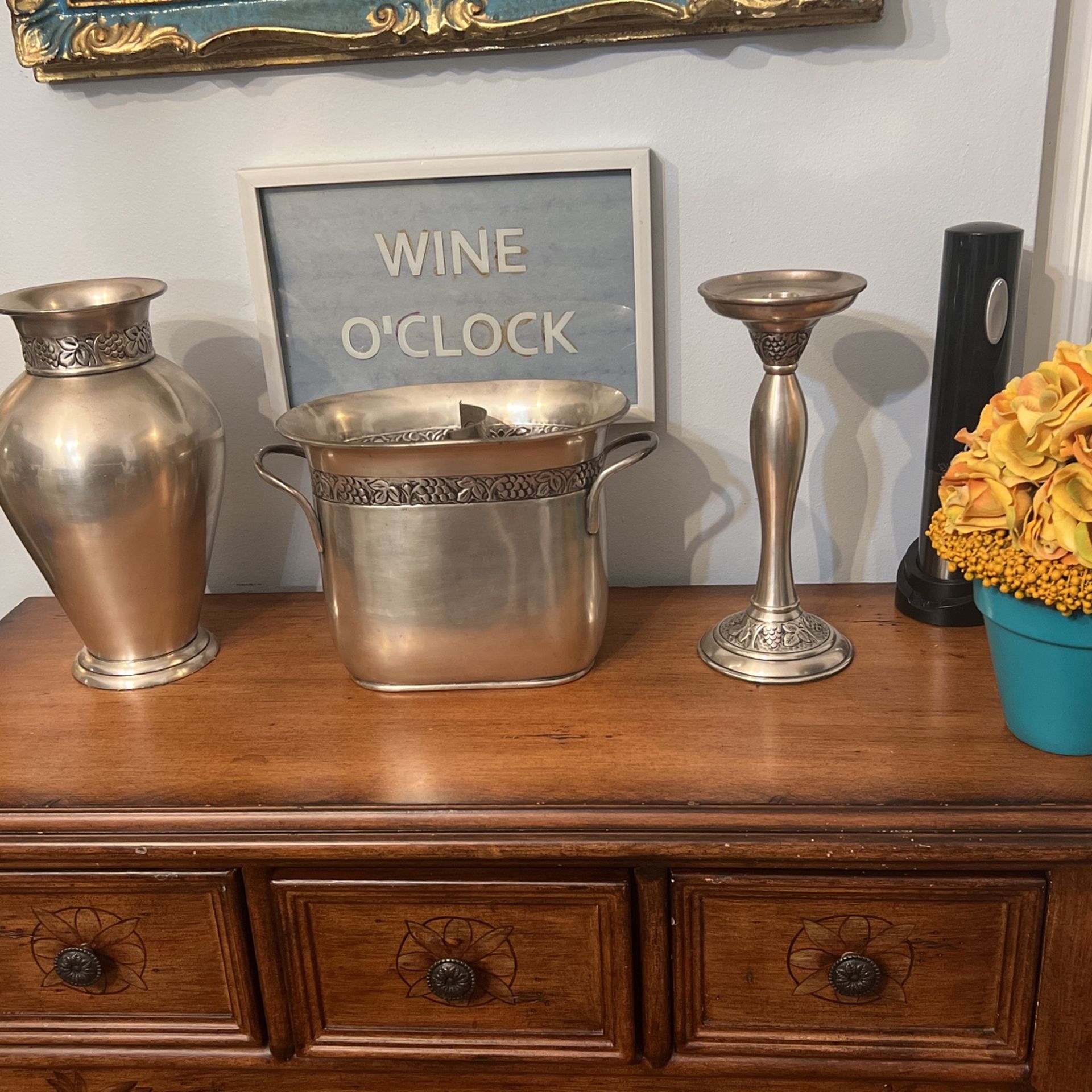 POTTERYBARN Set : Vase, Wine Holder/Ice Bucket And Candle Holder In Pewter