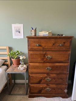 Solid Wood 5-Drawer Tallboy Dresser Smooth Metal Glides vintage'70s Sturdy Classic Dark Brown