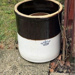 2 Antique Early 19th Century 6 blue crown Stoneware Crock in Brown and Tan