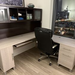L-shaped Office Desk And Executive Leather Swivel Chair