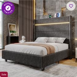 California King Bedframe - NEW, 60" Headboard, LED Lights, USB Chargers