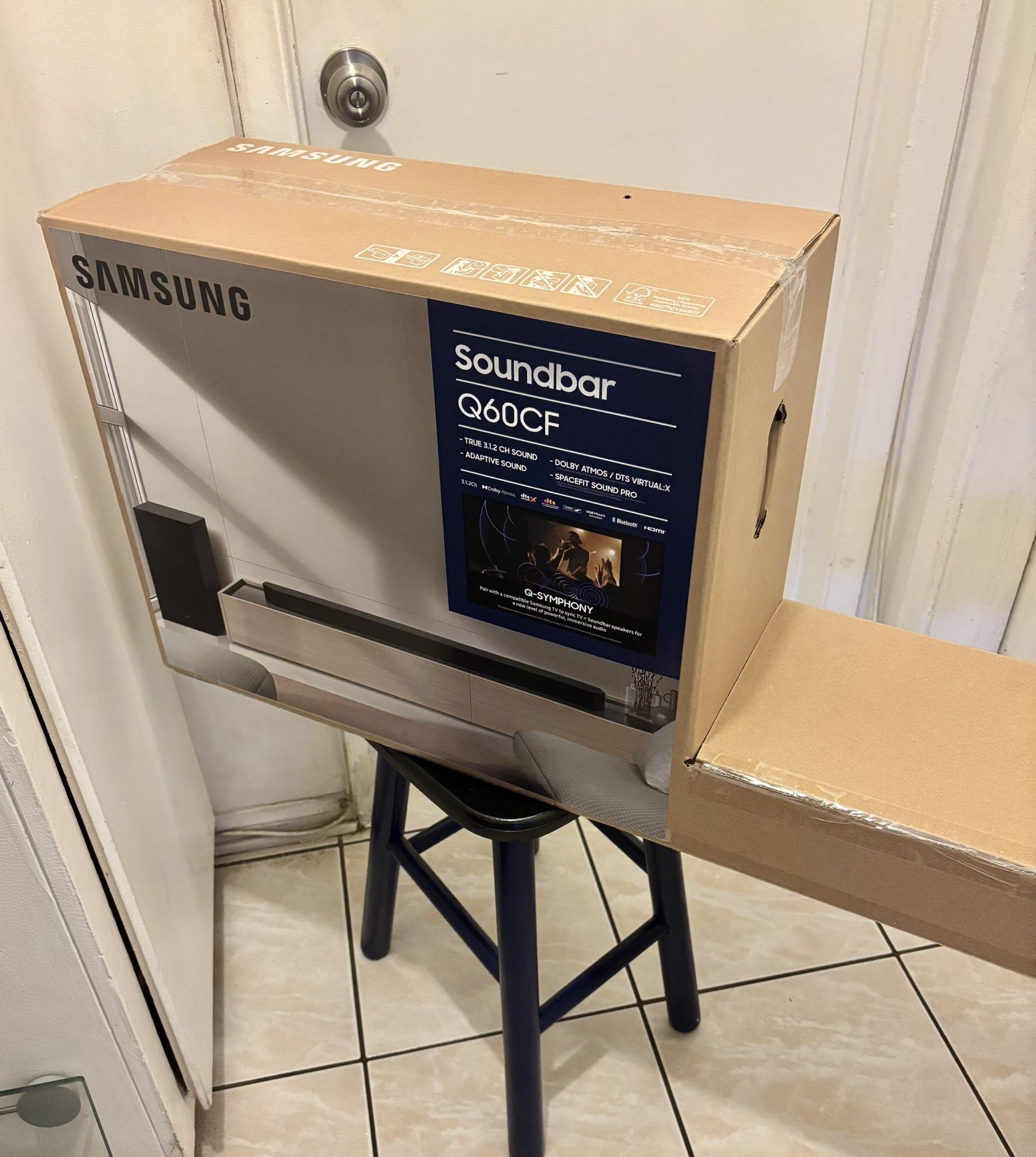 SAMSUNG (HW-Q60CF) – True 3.1.2ch Dolby Atmos Soundbar | SpaceFit Sound Pro | DTS Virtual:X | Adaptive Sound | Bluetooth & Wall-Mountable