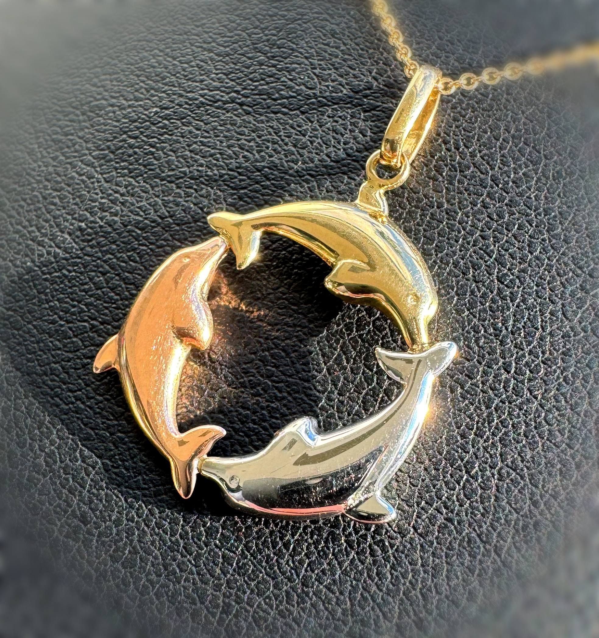 Jewelry 14k Tri Tone Yellow Gold Round Three Dolphins 🐬 Pendant charm