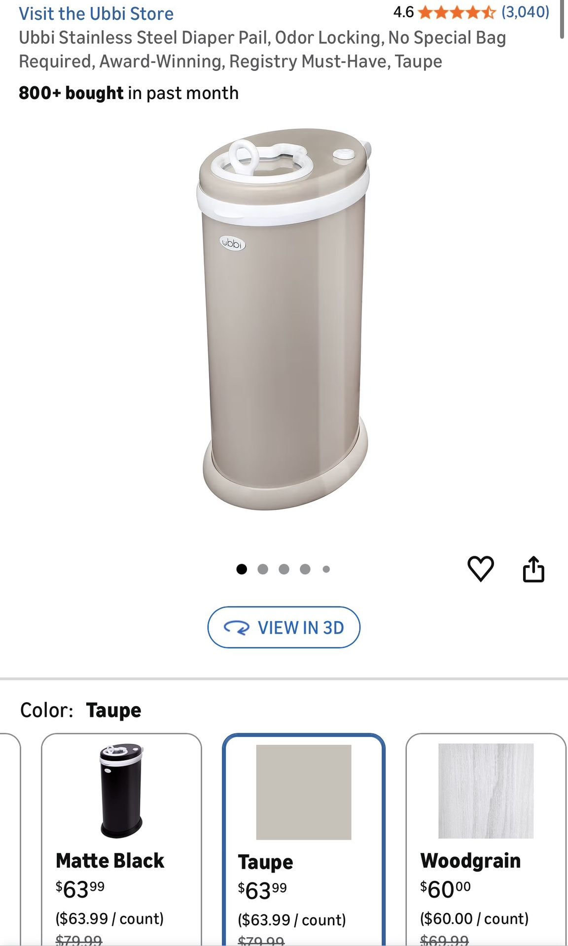 *BRAND NEW* Ubbi Stainless Steel Diaper Pail, Odor Locking, No Special Bag Required, Award-Winning, Registry Must-Have, Taupe