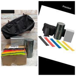Stretch Resistance Bands, Foam Block and Roller, Yoga Mat Strap, Deluxe Bag