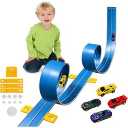 15 Ft Flexible Race Car Track (Daytona Blue) for Kids,Flex Track Starter Set Compatible with Hot Wheels and Diecast 1/64th Cars,Portable Racetrack Rol