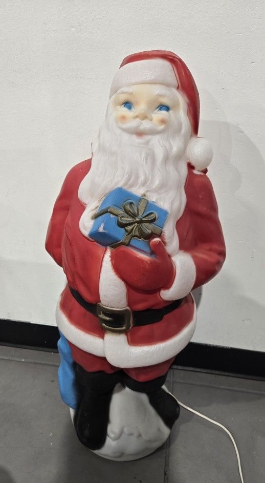 Vintage 1971 Blow Mold Santa Claus 33” Empire Plastic Lighted with Blue Present