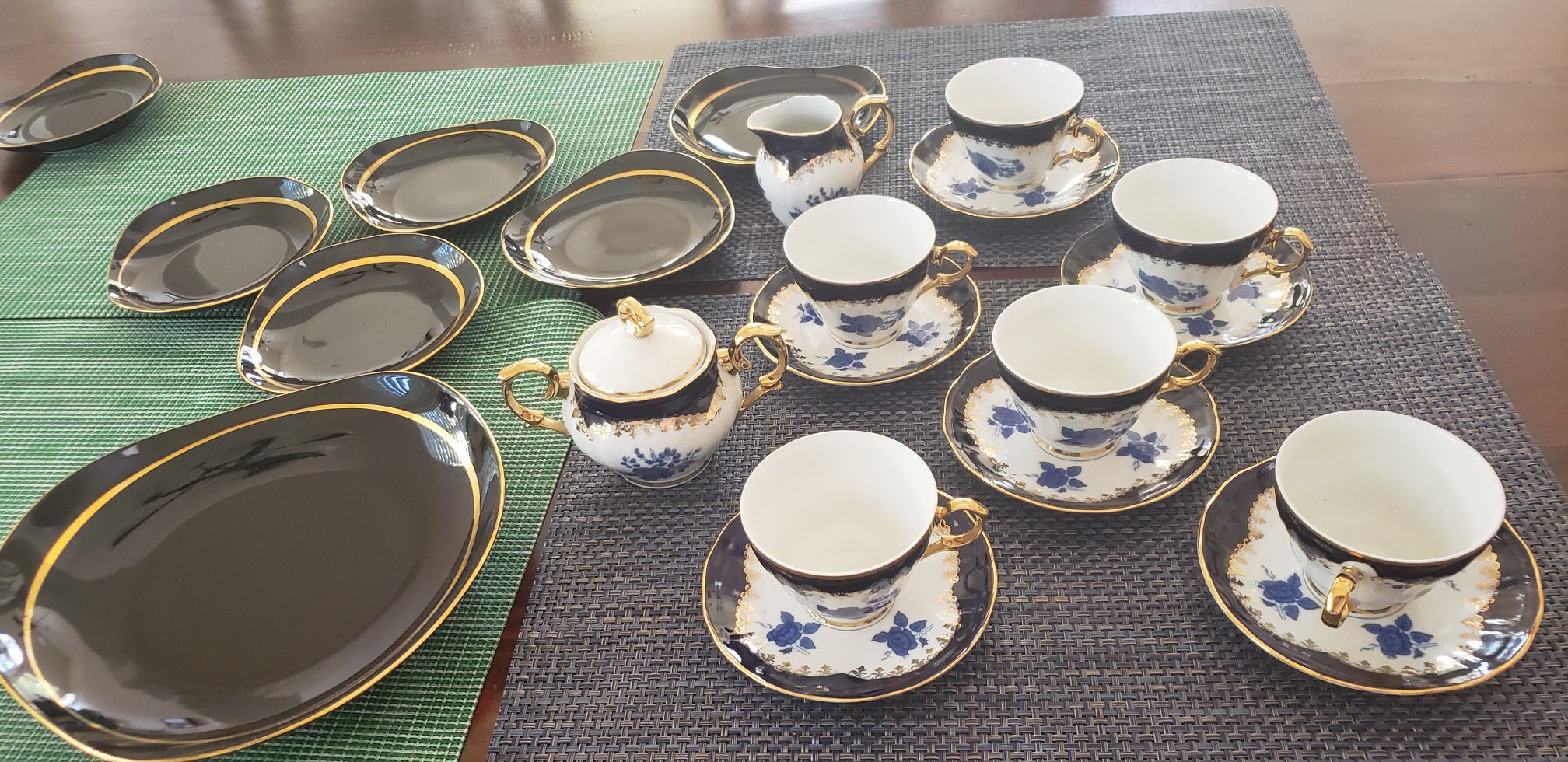 Antique tea porcelain gilded set plus dessert plates for 6