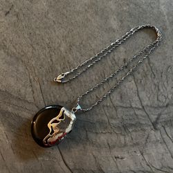 Large Polished Glass or Stone with Sterling Silver Mount Pendant Necklace