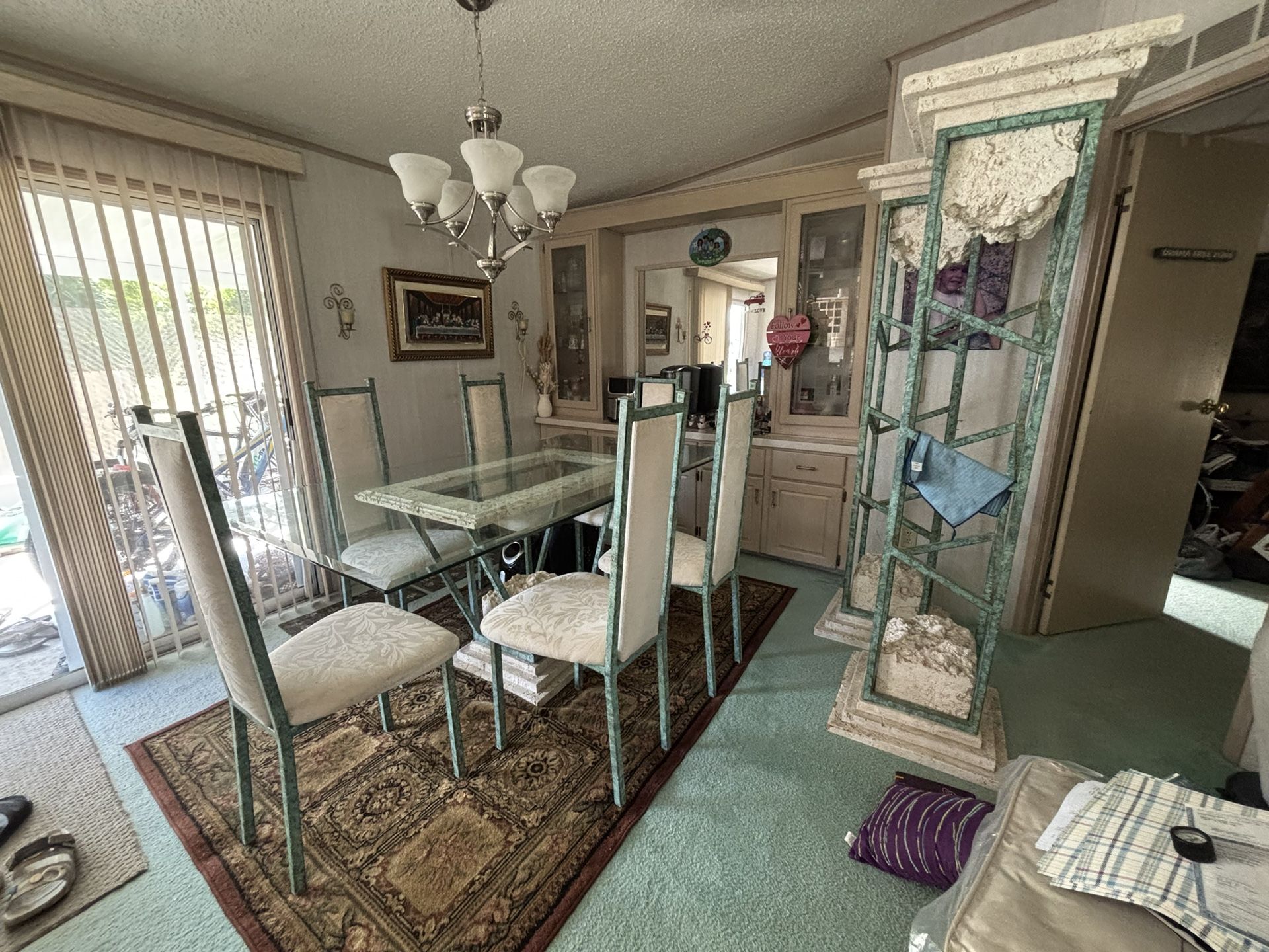 Teal Blue Dining Table And Shelf Set With Glass Top