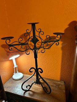 Black Wrought Iron Candelabra Pretty Scroll Work 24 Inches Tall