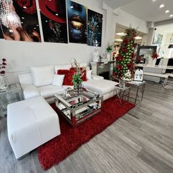 White Sectional With Ottoman 