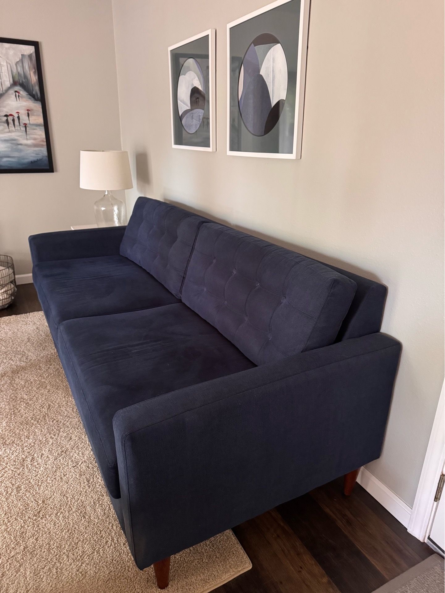 Dania Couch- Navy, like new, solid wood feet