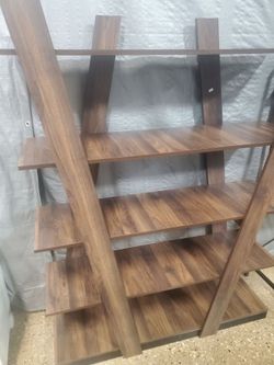 Modern and Contemporary Walnut Brown Finished 5-Tier Wood Geometric Living Room Display Shelf
