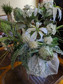 Artificial Flower Arrangements, White Lily Silk Flower Arrangement with Multi Color Ceramic Vase.