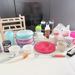 Wine holder, plastic plates, glasses and accessories all for $10 some items are new