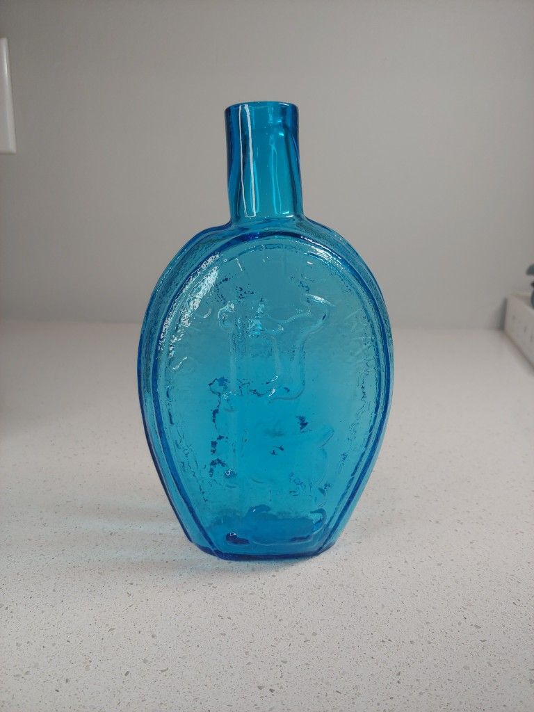 Antique "Success to the Railroad" Aquamarine Glass Pint Flask Bottle 7" USA Blue