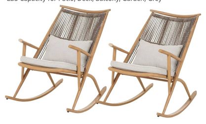 Set of 2 Outdoor Rocking Chair with Cushions, Maple Finish Iron Frame Porch Rockers with Gray PE Rattan Backrest, 400 LBS Capacity for Patio, Deck, Ba