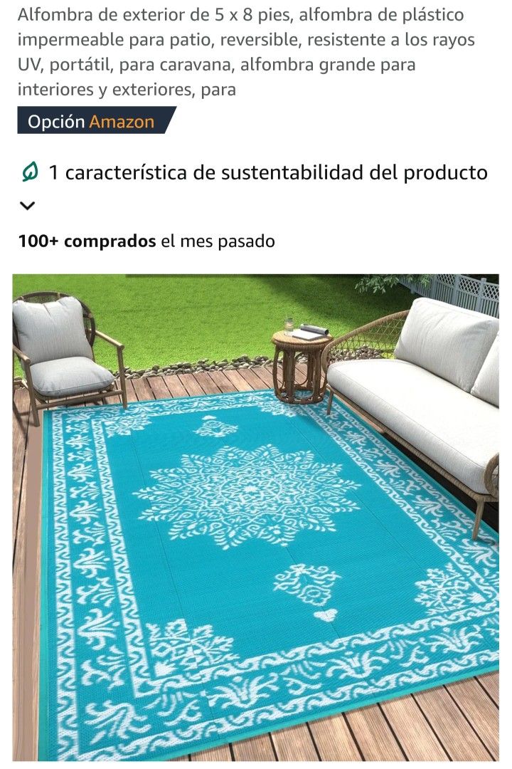 Alfombra de exterior de 5 x 8 pies, alfombra de plástico
impermeable para patio, reversible, resistente a los rayos
UV, portatil, para caravana, alfom