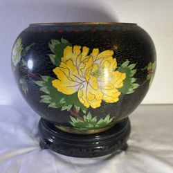 Vintage Chinese Cloisonne Enamel Watermelon Jar/planter With Stand 