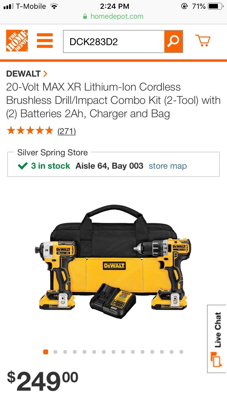 DeWalt 20-Volt MAX XR Lithium-Ion Cordless Brushless Drill/Impact Combo Kit with 2 Batteries 2Ah, Charger and Bag