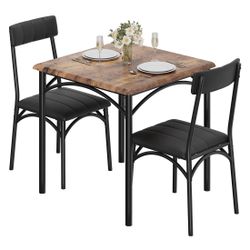 3 Piece Dining Table Set for 2, Kitchen Table and Chairs Rectangular, Metal and Wood Dinning Room Table Furniture Set for Kitchen, Apartment, Brown