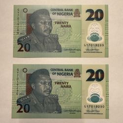 (2) Nigeria - 20 Naira - 2022 UNC ( Consecutive Serial # )