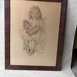 Portrait of a little girl with a doll, Virginia Keep Clark. A pencil drawing from the early 20th century depicts a blonde-haired girl in a voluptuous 