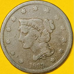 1839 U.S. BRAIDED HAIR LARGE CENT PENNY 1c COIN (VF-Very Fine)