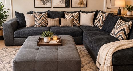 Soft Charcoal grey Sectional with Ottoman
