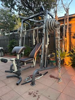MARCY DIAMOND ELITE OLYMPIC SMITH MACHINE WITH OLYMPIC WEIGHTS AND BENCH