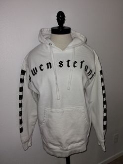 RARE Gwen Stefani White Pullover Hoodie Checkered Sleeves Women's Size Small