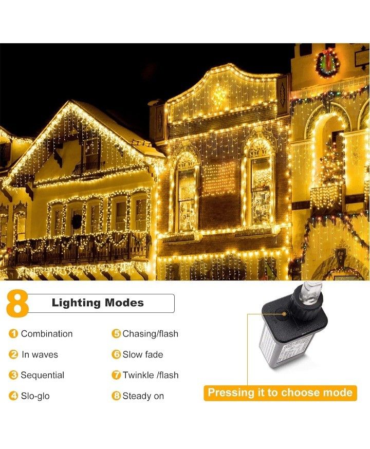 Christmas Lights Outdoor Decorations 416 LEDs 34 FT 8 Modes Curtain String Light with 78 Drops, Waterproof Clear Wire LED Light for Christmas Party De