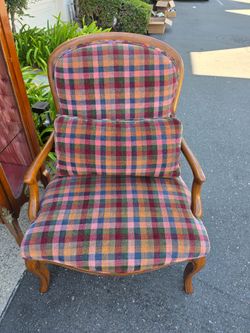 Vintage French Country Armchair | Solid Wood Accent Chair w/ Plaid Upholstery