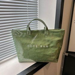Vintage Washed Dupont Paper Large Tote Bag, Minimalist Letter‑Print Transparent PVC‑Coated Handbag