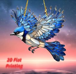 "Sapphire Wings in Flight" Stained-Glass Blue Jay Suncatcher