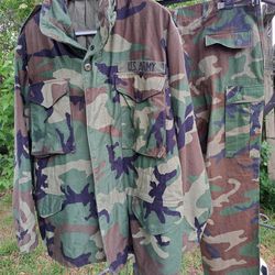 Cold Weather Army Field Coat Jacket Camo Camouflage Size Medium Short & Combat Woodland Trousers 