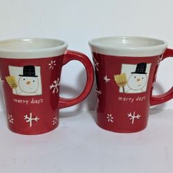 Christmas Mugs Red Snowman Holiday Mugs Set Two 4.5 Height 