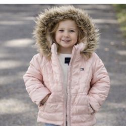 Tommy Hilfiger Girls Pink Puffer Coat 4T Faux Fur Hood Winter Jacket