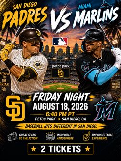 2 Padres tickets vs Marlins - Friday 9/18- both for $150