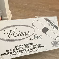 Heavy Weight Black Knife, Fork, Spoon Rolled In Linen Quality Napkin