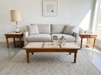 Vintage 3-Piece Wood & Stone/Faux Marble Tile Table Set (Coffee Table + 2 End Tables)