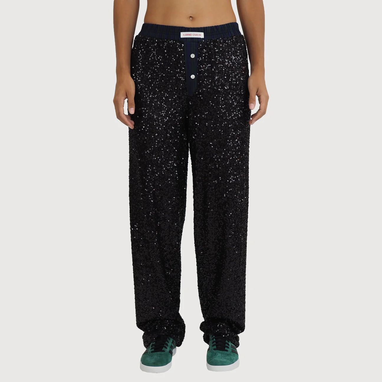 NEW HAND OVER Ex-Boyfriend César Long Black Sequin Pants M Boxer