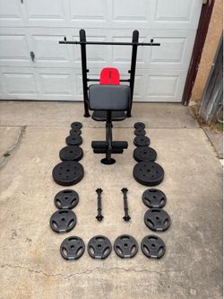 Weider Standard Weights, Adjustable Bench, Bar, Dumbbells