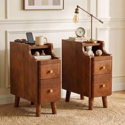 Nightstand with Drawers Set 2, Pre-Assembled, 19.7" H Natural Solid Wood Night Stand with Open Sliding Shelf, Mid Century Modern Small Bedside Table C